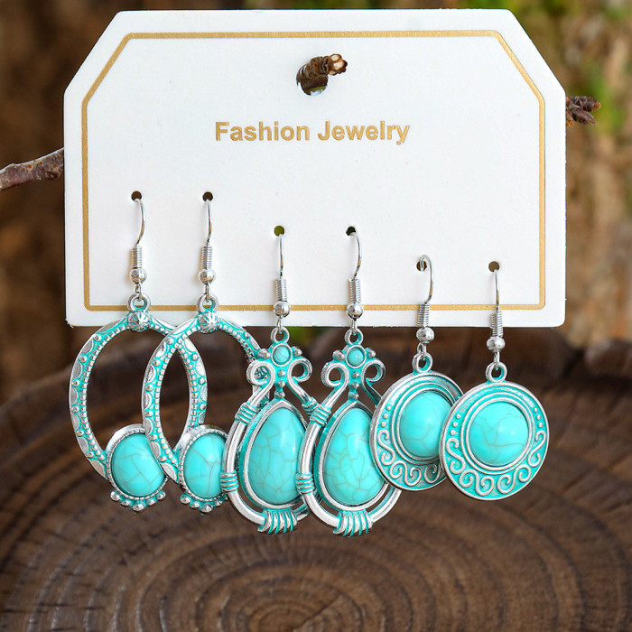 Amazon New Vintage Distressed Turquoise Earring Set Bohemian Style Alloy Earrings Manufacturer Wholesale, Jewelry Sets