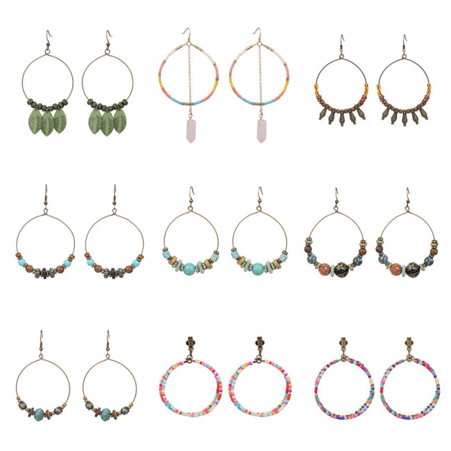 Amazon Personality Exaggerated Circle Double Layer Earrings Set Vintage Round Wooden Beads Colorful Bohemian Ear Clip...