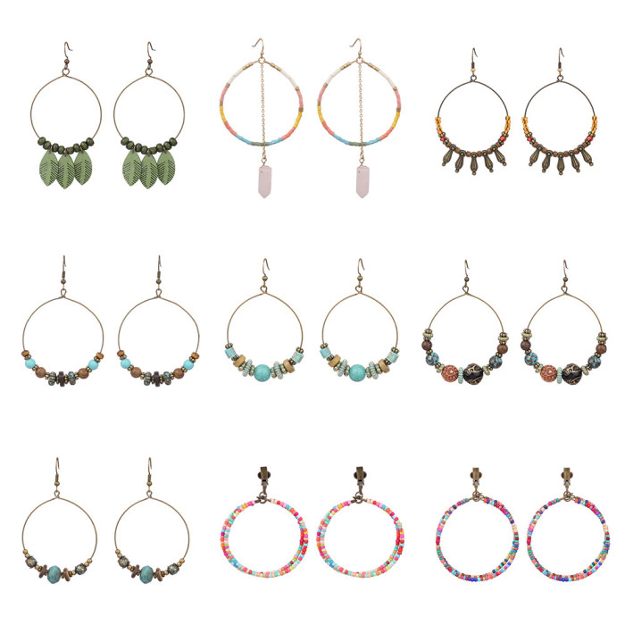 Amazon Personality Exaggerated Circle Double Layer Earrings Set Vintage Round Wooden Beads Colorful Bohemian Ear Clip...