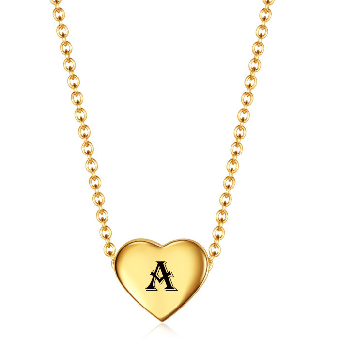 Hot Sale Simple Stainless Steel 12MM Heart 18K Gold Pendant 26 English Letters Necklace Wholesale