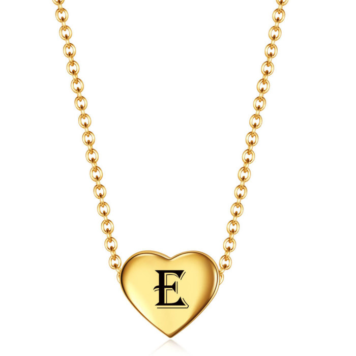 Hot Sale Simple Stainless Steel 12MM Heart 18K Gold Pendant 26 English Letters Necklace Wholesale