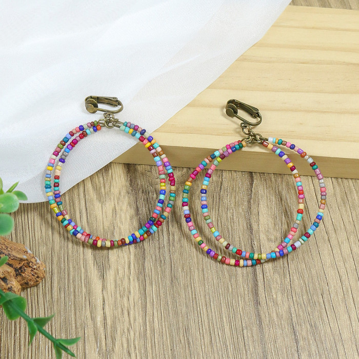 Amazon Personality Exaggerated Circle Double Layer Earrings Set Vintage Round Wooden Beads Colorful Bohemian Ear Clip...