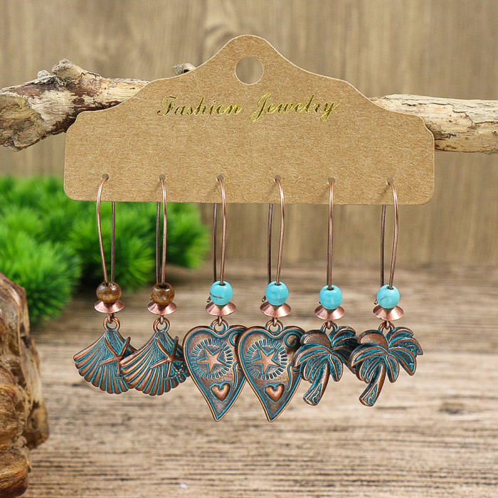 New Vintage Ethnic Style Hollow Earrings Set Mixed Batch Turquoise Flower Tassel Earrings European and American, Jewe...