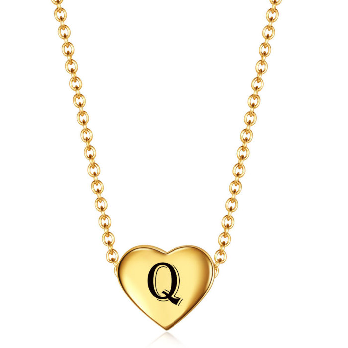 Hot Sale Simple Stainless Steel 12MM Heart 18K Gold Pendant 26 English Letters Necklace Wholesale