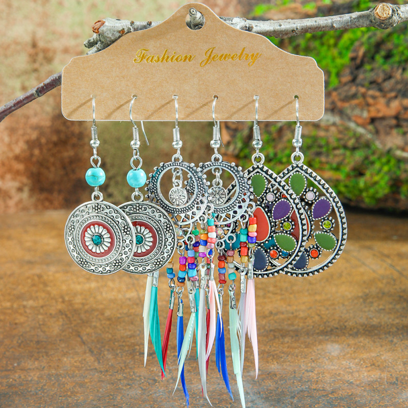 European and American Cross-Border Amazon Personalized Retro Hot-Selling Water Drop Earring Set for Women with Oil Drip Rice Beads and Feather Earrings Wholesale