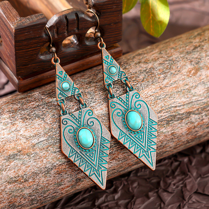 Cross-Border Hot-Selling Retro Bohemian Turquoise Earrings Simple Versatile Geometric Rhombus Metal Texture Ear Jewelry Wholesale