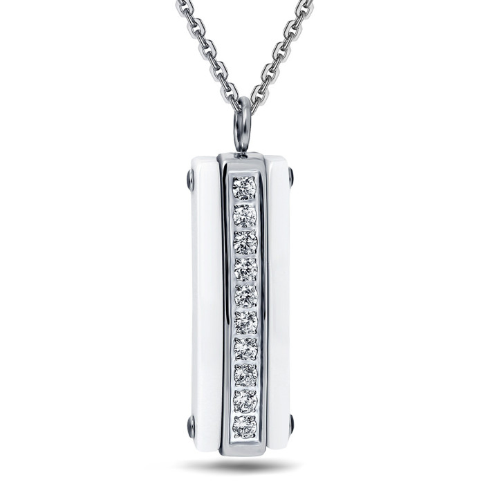 Wish Amazon Hot Sale Square 8MM Zircon Inlaid Fashionable Personality Temperament Pendant Necklace Titanium Steel White Ceramic Necklace