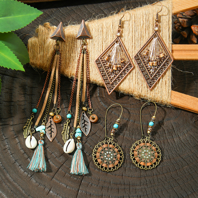 Vintage Distressed Ethnic Vacation Style Earrings Yunnan Travel Wholesale Ear Accessories Handmade Woven Coffee Color Earrings