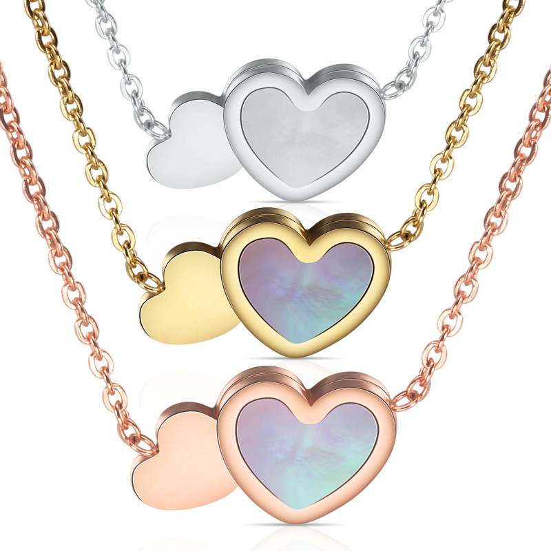 New European and American Style INS Internet Celebrity Necklace Fashion Fresh Double Heart Shell Inlaid Stainless Steel Collarbone Necklace Wholesale