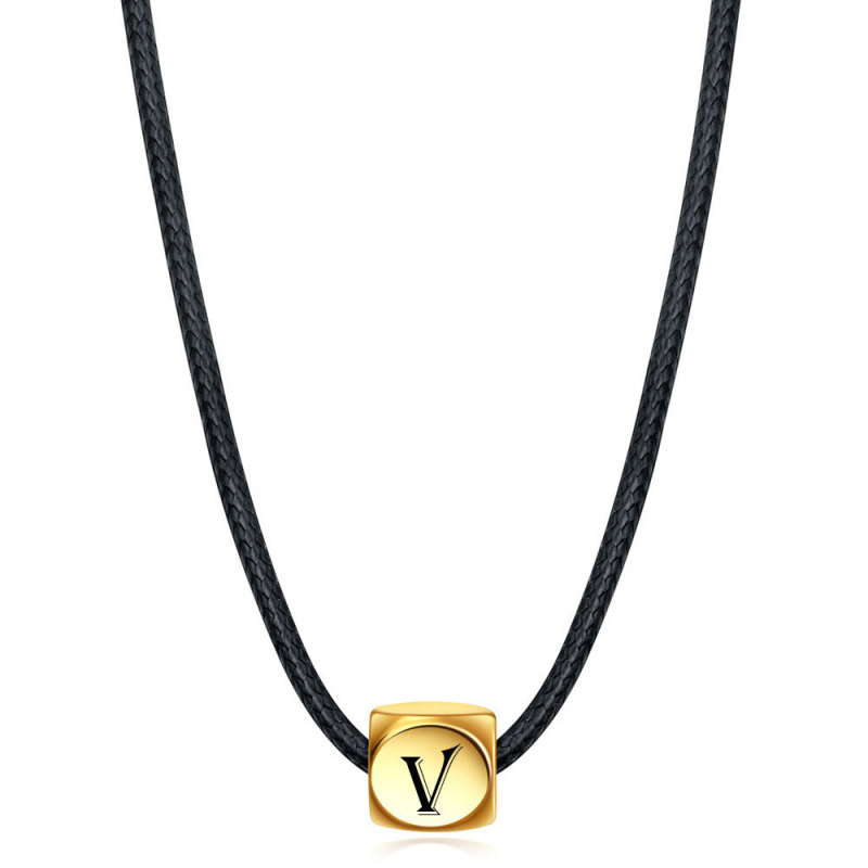 Wish Amazon New European and American 18K Gold Geometric 26 Letters Rubik's Cube Dice Titanium Steel Leather Cord Necklace Wholesale