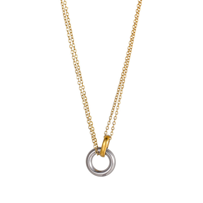 Stainless Steel Two-Tone Vacuum Electroplated Necklace Geometric Circle Double Ring Pendant Women's Fashion Choker