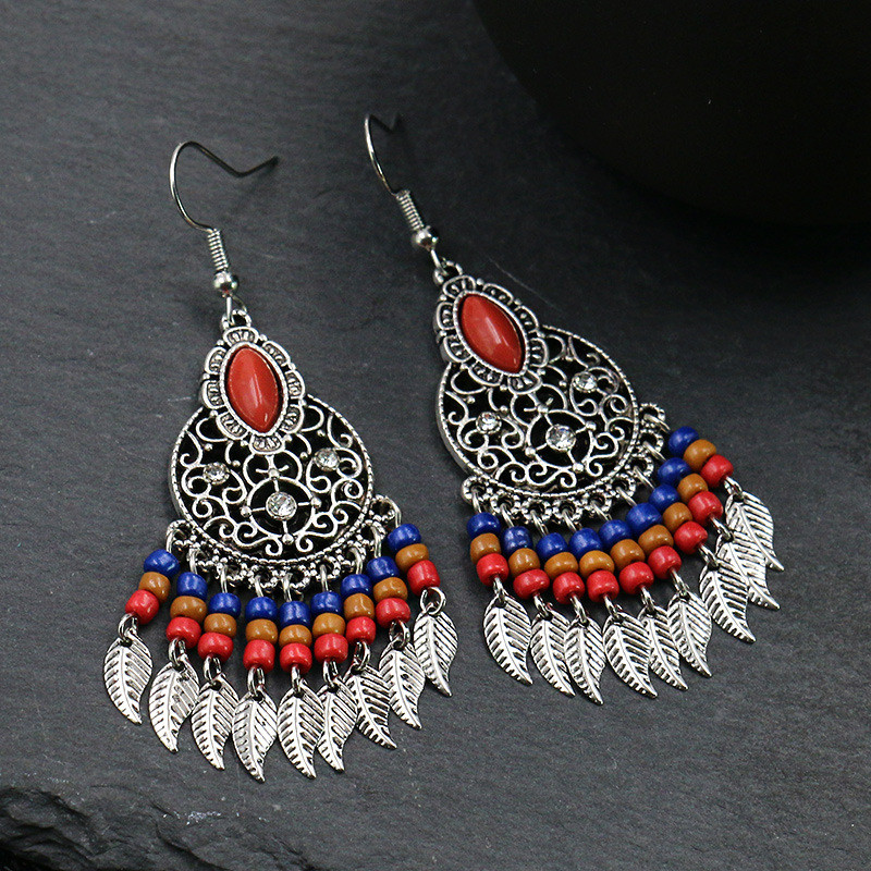 Bohemian Leaf Tassel Earrings for Women, Vintage Hollow Beaded Alloy Earrings, Palace Style Long Jewelry Wholesale