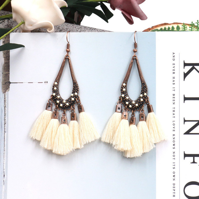 Bohemian Fashion Long Tassel Earrings Personality Retro Water Drop Earrings Exquisite Rice Beads Bridal Accessories W...