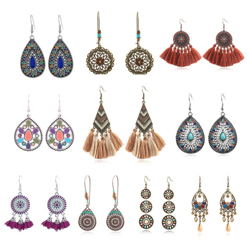 Vintage Ethnic Style Tassel Alloy Oil Drop Earrings Cross-Border Amazon Hot-Selling Set Water Drop Hollow Flower Earrings