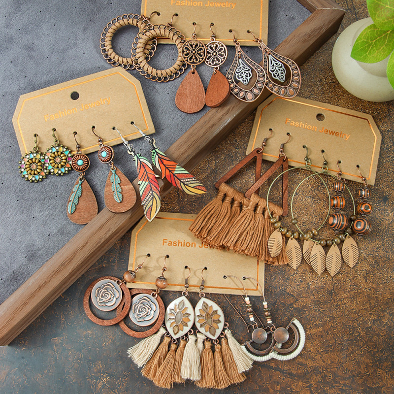 European and American Cross-Border Retro Fashion Bohemian Coffee Color Earrings Personality Versatile Hand-Woven Temperament Tassel Earrings