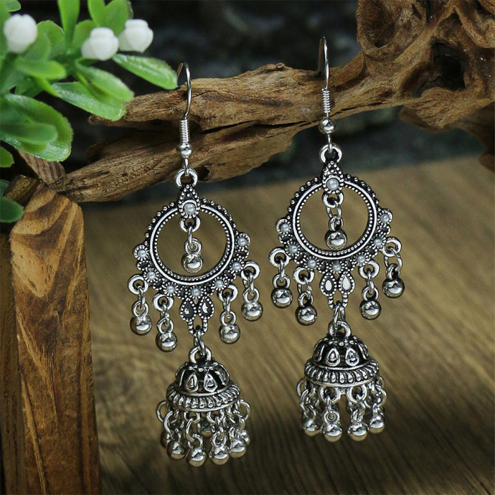 Tibetan Silver Vintage Earrings Style Rice Beads Bell Tassel Long Drop Statement Exaggerated Earrings New Model