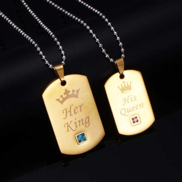 Hot Sale Personalized Military Brand Engraved Her King His Queen Crown Couple Stainless Steel Necklace