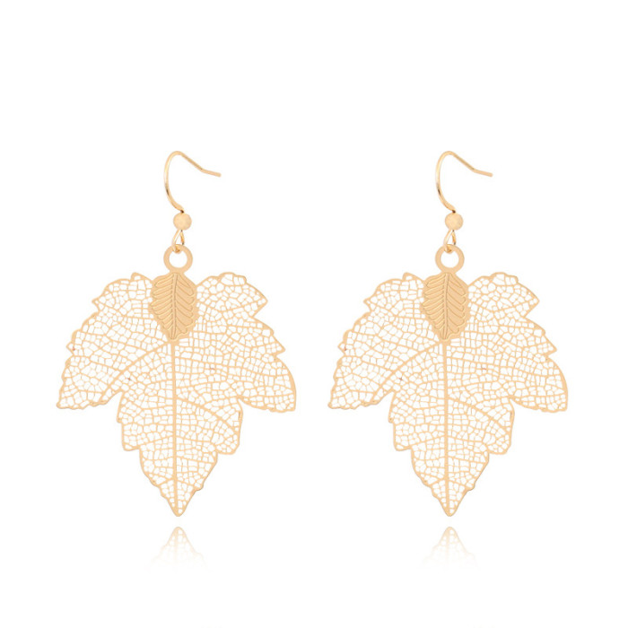 Gold Jewelry INS Style Geometric Leaf Copper Earrings Hollow Leaf Texture Natural Earrings Wholesale