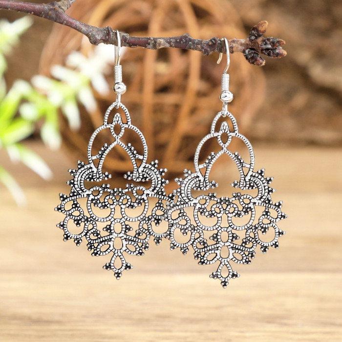 Ethnic Vacation Style Metal Texture Vintage Hollow Carved Earrings Personality Versatile Geometric Silver Earrings Wh...