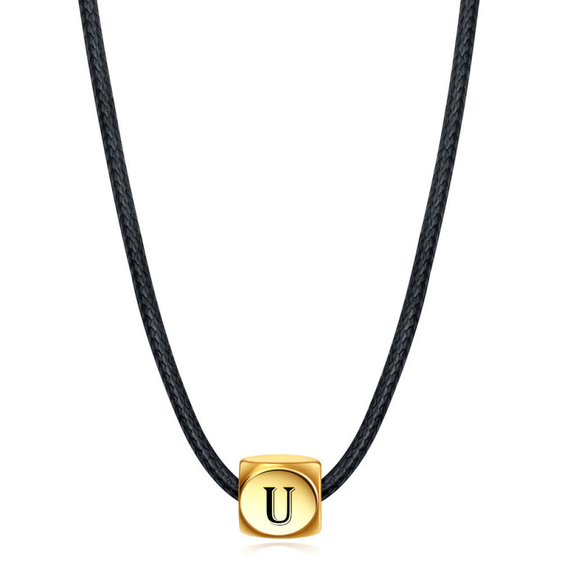 Wish Amazon New European and American 18K Gold Geometric 26 Letters Rubik's Cube Dice Titanium Steel Leather Cord Necklace Wholesale