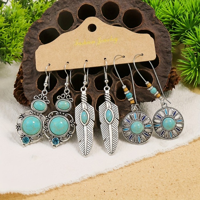 Minimalist Earrings Multi-Piece Set Vintage Silver Imitation Turquoise Inlaid Earrings Personality Creative Shell Ear...