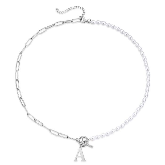 Amazon 26 Letter Pearl Necklace Simple Fashion Paperclip OT Buckle Style Pearl Titanium Steel Necklace
