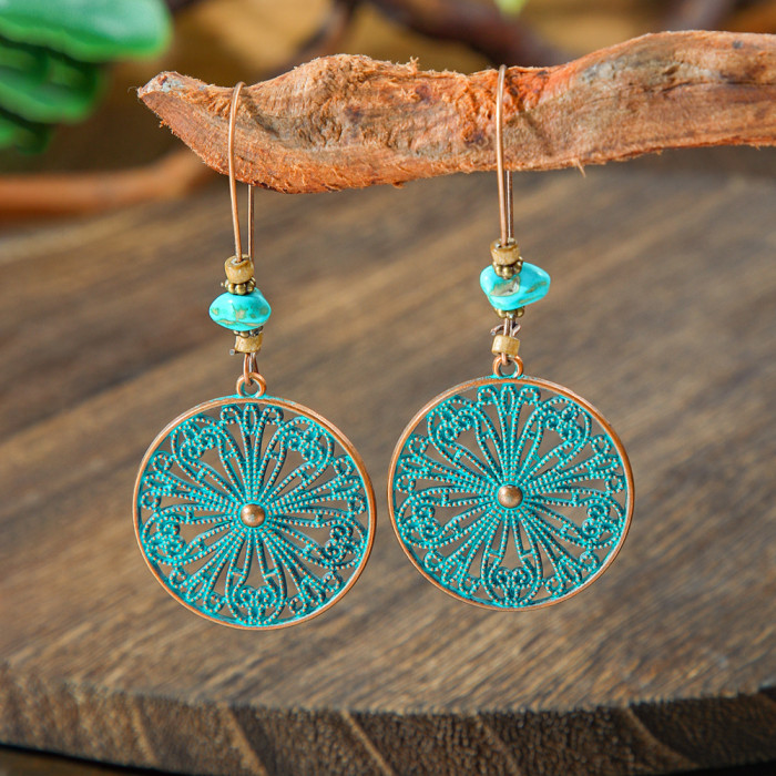 Cross-Border New Holiday Style Retro Turquoise Long Earrings Personality Exaggerated Geometric Drop Earrings Manufacturer Ear Jewelry Wholesale