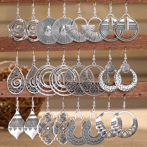 Ethnic Vacation Style Metal Texture Vintage Hollow Carved Earrings Personality Versatile Geometric Silver Earrings Wholesale