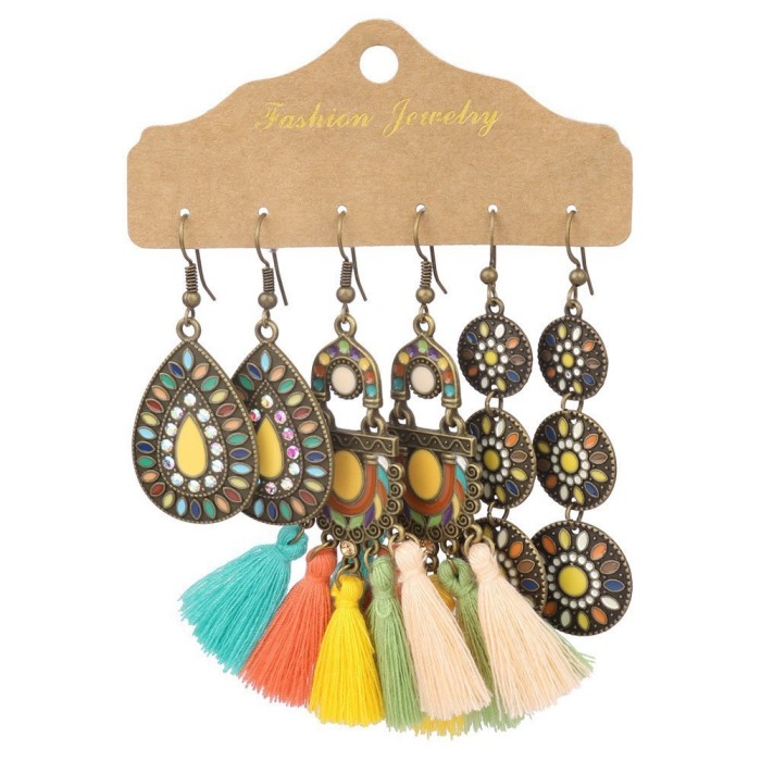 Amazon Retro Ethnic Bohemian Style Metal Vintage Earrings Stud Set Tassel Oil Drop Long Earrings, Jewelry Sets