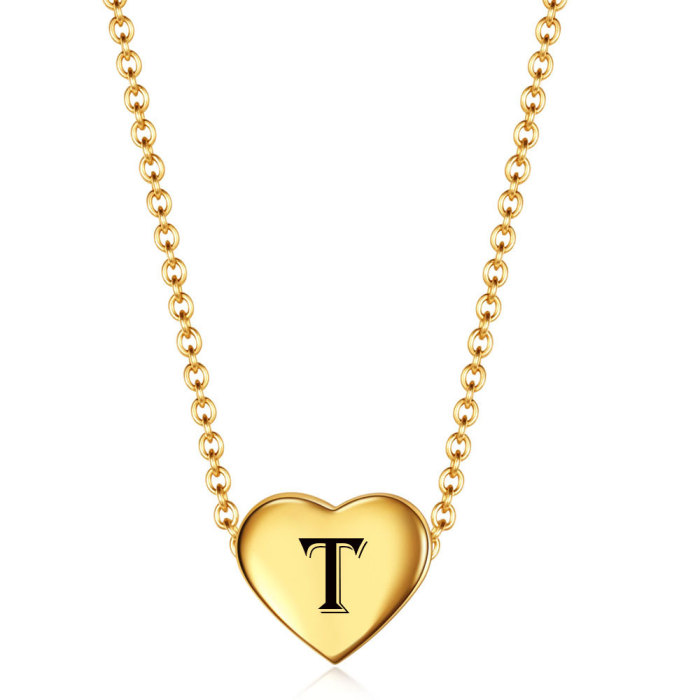 Hot Sale Simple Stainless Steel 12MM Heart 18K Gold Pendant 26 English Letters Necklace Wholesale