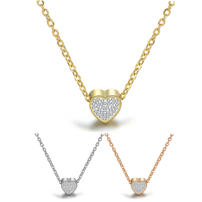 European and American INS New Style Women's Personality Simple 12MM Inlaid Diamond Heart Titanium Steel Necklace Collarbone Chain Stainless Steel Wholesale
