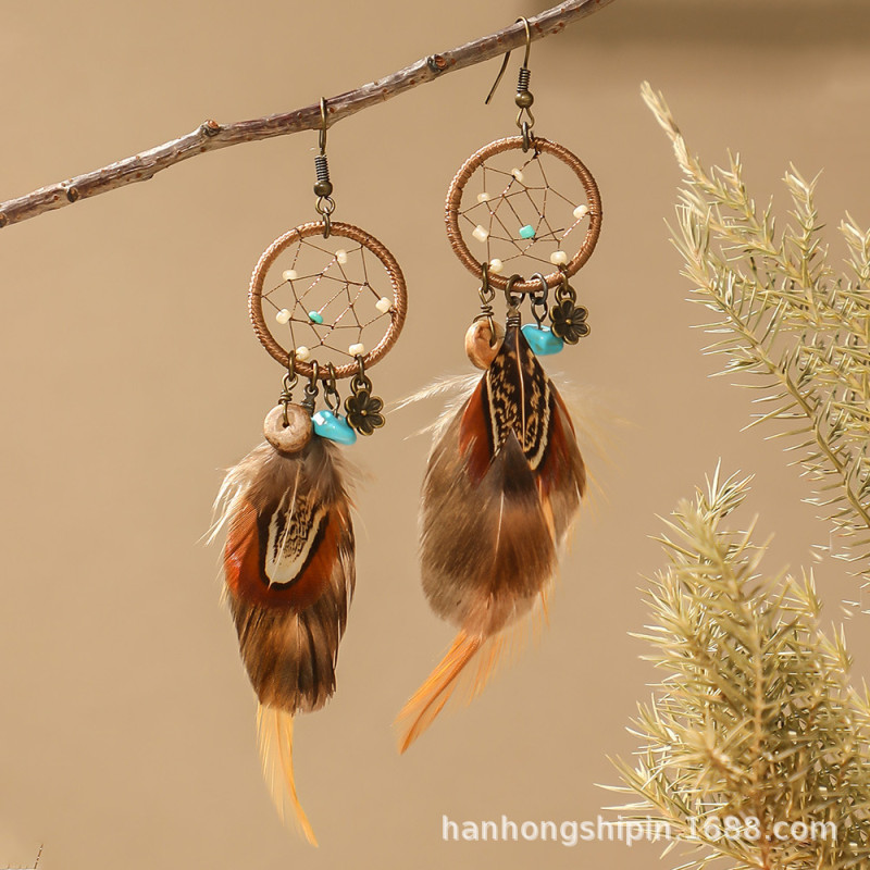 European and American Hot-Selling Retro Bohemian Style Earrings Handmade Dream Catcher Feather Earrings Long Tassel Earrings Wholesale