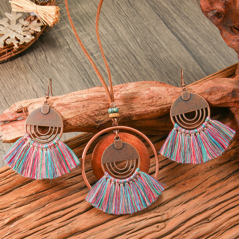 Vintage Personality Bohemian Style Colorful Tassel Jewelry Set Ethnic Vacation Style Versatile Long Earrings Necklace