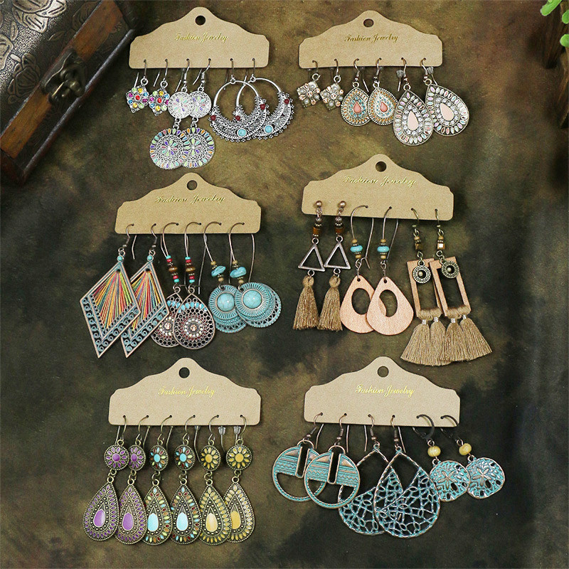 Amazon Jewelry Bohemian Ethnic Style Retro Wire Wrapped Water Drop Shaped Colorful Hollow Women's Earrings Tassel Drop Earrings