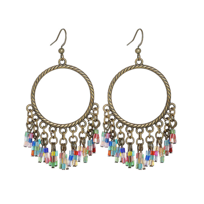 Fashion Bohemian Handmade Beaded Tassel Earrings Large Hoop Colorful Rice Beads Creative Ethnic Style Jewelry
