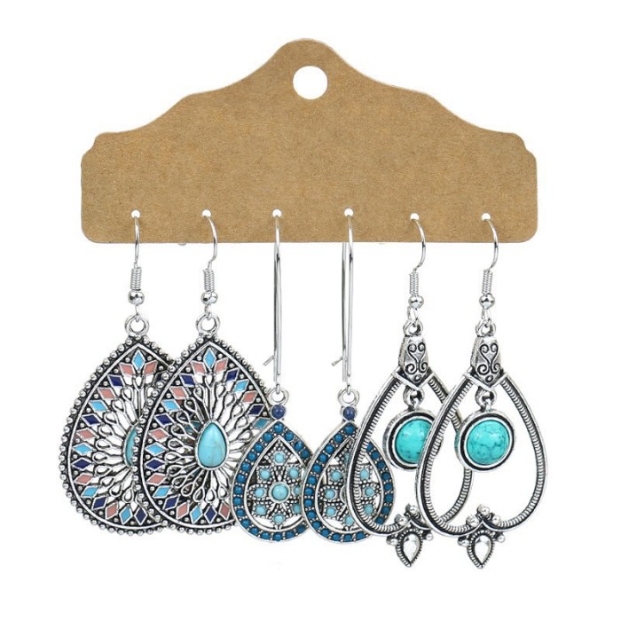 Fashion Exotic Style Eye Beaded Tassel Earrings Hollow Water Drop Shape Turquoise Diamond Stud Earrings Set, Jewelry...