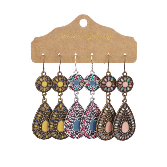 Ethnic Style Colorful Water Drop Tassel Earrings Turquoise Feather Flower Earrings Amazon New Model