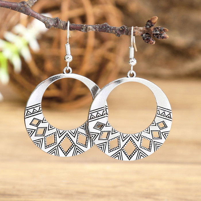 Ethnic Vacation Style Metal Texture Vintage Hollow Carved Earrings Personality Versatile Geometric Silver Earrings Wh...
