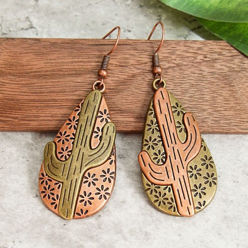 European and American Cross-Border Vintage Earrings Cactus Carved Water Drop Shape Ear Jewelry New Bohemian Style Earrings Wholesale