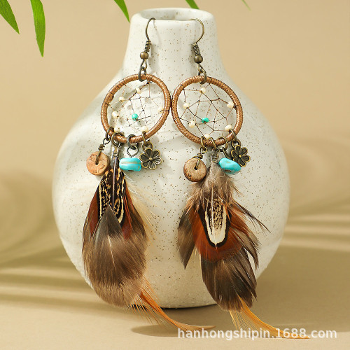 European and American Hot-Selling Retro Bohemian Style Earrings Handmade Dream Catcher Feather Earrings Long Tassel Earrings Wholesale