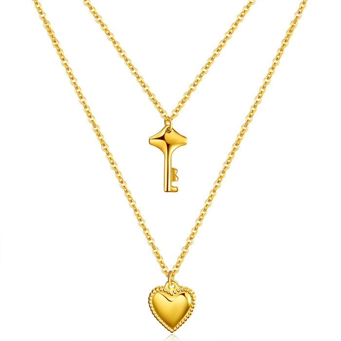Internet Celebrity Same Style Fashion Light Luxury Double Layer Stacked Collarbone Chain Key Heart Pendant Titanium S...