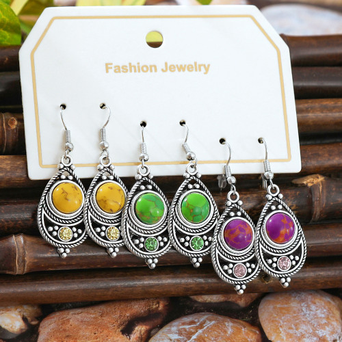 Cross-Border Hot-Selling Retro Silver Versatile Turquoise Earrings Ethnic Vacation Style Personality Creative Water Drop Shape Ear Jewelry Wholesale