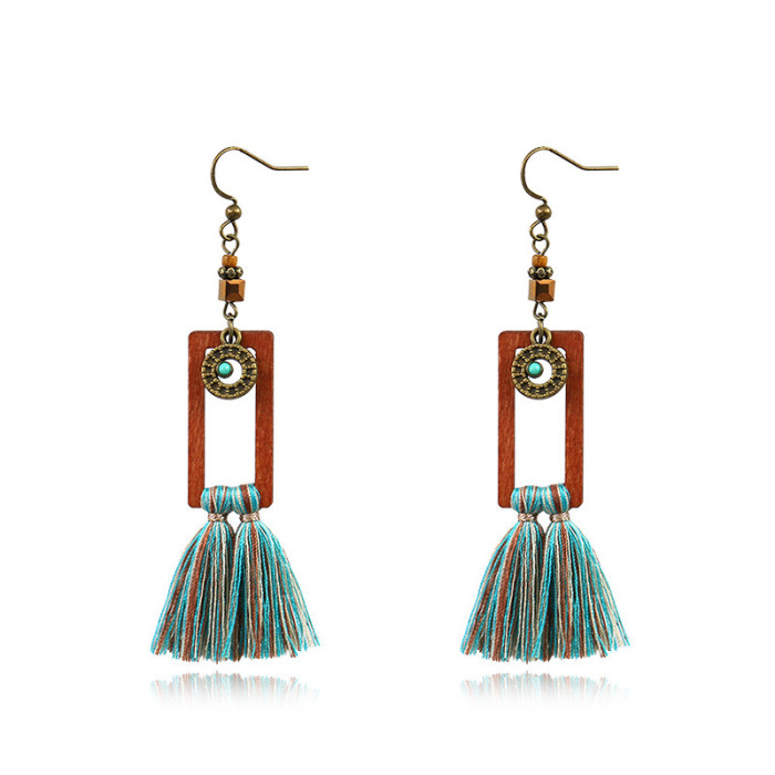 Fashion Bohemian Retro Square Tassel Long Earrings Elegant Versatile Ear Accessories Slimming Drop Earrings