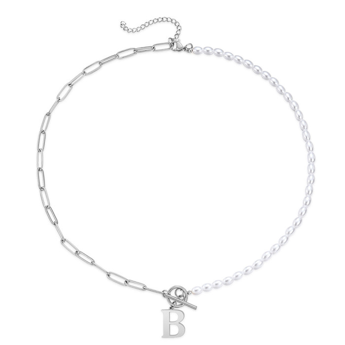 Amazon 26 Letter Pearl Necklace Simple Fashion Paperclip OT Buckle Style Pearl Titanium Steel Necklace