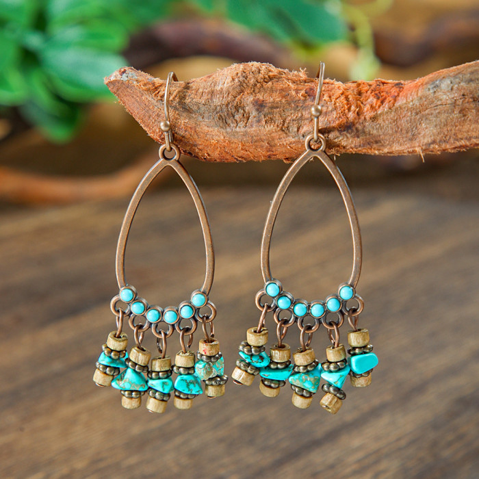 Cross-Border New Holiday Style Retro Turquoise Long Earrings Personality Exaggerated Geometric Drop Earrings Manufacturer Ear Jewelry Wholesale