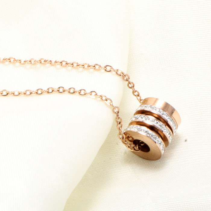 Hot Sale INS Rose Gold 10MM Cylinder Stone-Inlaid Titanium Steel Necklace for Women Collarbone Chain Best Friend Si...