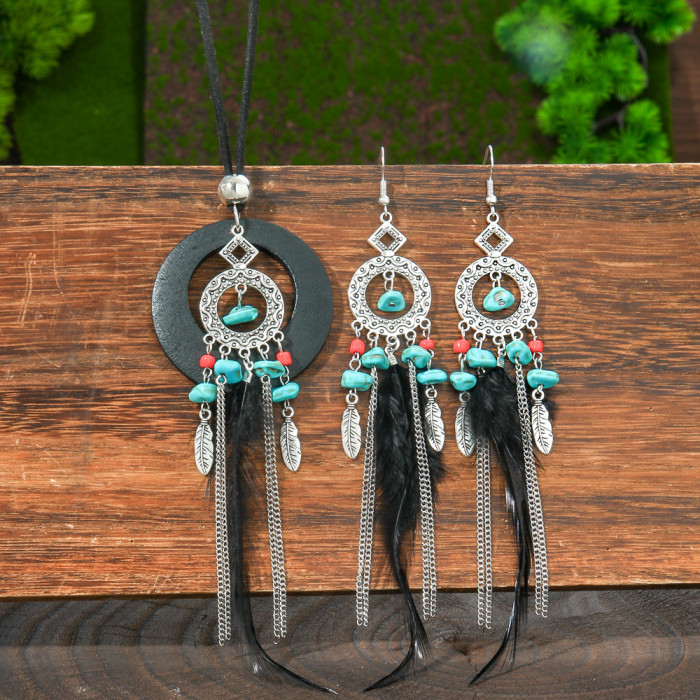 Amazon Wholesale Bohemian Style Feather Earrings Necklace Set Personality Slimming Long Earrings Sweater Chain, Jewel...