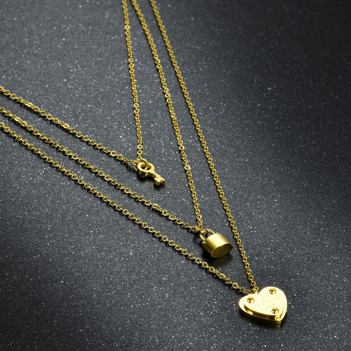 Wish Amazon New Valentine's Day Gift Titanium Steel Heart Lock Ins Multi-layer Stainless Steel Sweater Chain Necklace for Women