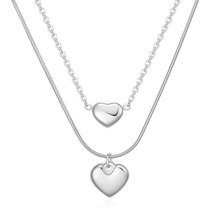 European and American Cross-Border Hot Sale New Fashion Double Layer Stacked Smooth Heart Versatile Collarbone Chain Necklace with Laser Logo