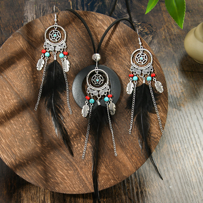 Amazon Wholesale Bohemian Style Feather Earrings Necklace Set Personality Slimming Long Earrings Sweater Chain, Jewel...